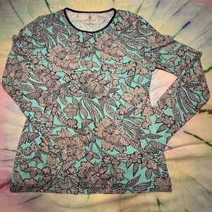 Lands' End Floral Long Sleeve Top - Black and Aqua